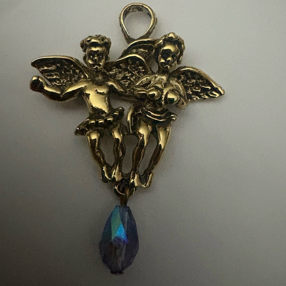 Kirks Folly VTG  Gold Cherub Pendant or brooch  with Blue Drop crystal signed